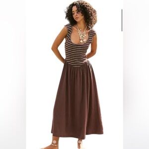 Free People Alana Striped Brown Midi Dress